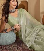 Lime beads and stones poly chiffon designer saree