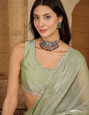 Lime beads and stones poly chiffon designer saree 3