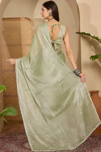 Lime beads and stones poly chiffon designer saree