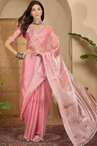 Pink embellished sequinned tissue heavy work saree