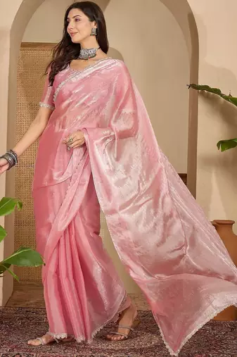 Pink embellished sequinned tissue heavy work saree