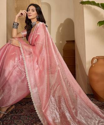 Pink embellished sequinned tissue heavy work saree 5