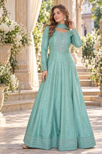 Sky silk blend readymade anarkali suit with embroidery work