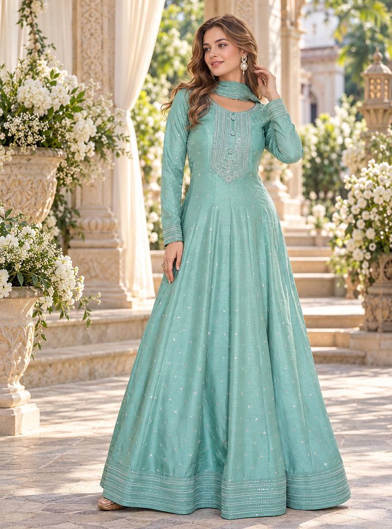 Sky silk blend readymade anarkali suit with embroidery work