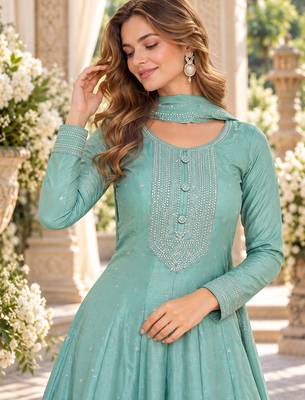 Sky silk blend readymade anarkali suit with embroidery work 2