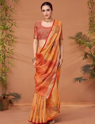 Orange printed saree with matching blouse 1