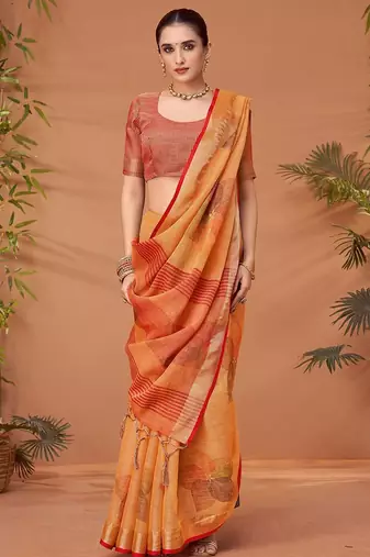Orange printed saree with matching blouse