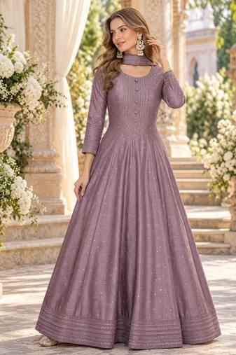 Mauve silk blend readymade anarkali suit with embroidery work