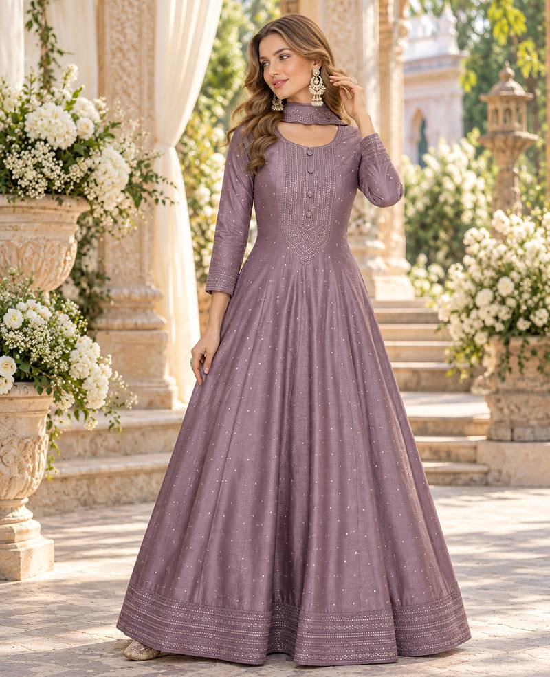 Mauve silk blend readymade anarkali suit with embroidery work
