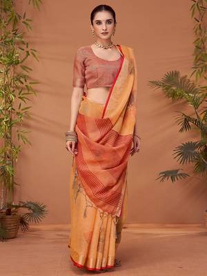 Orange printed saree with matching blouse 2