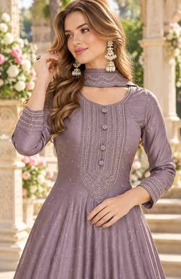 Mauve silk blend readymade anarkali suit with embroidery work 2