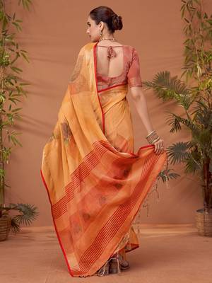 Orange printed saree with matching blouse 3