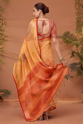 Orange printed saree with matching blouse