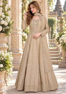 Beige silk blend readymade anarkali suit with embroidery work 1