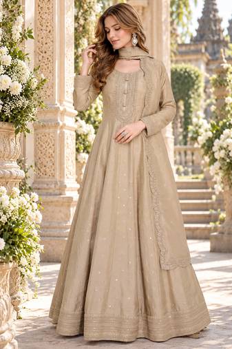 Beige silk blend readymade anarkali suit with embroidery work