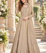 Beige silk blend readymade anarkali suit with embroidery work