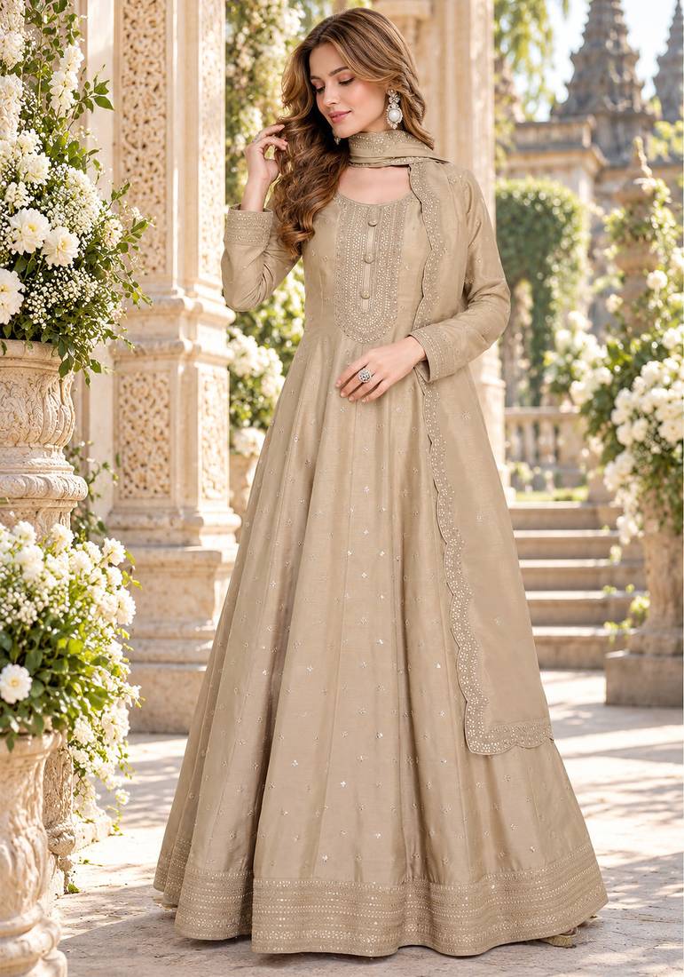 Beige silk blend readymade anarkali suit with embroidery work