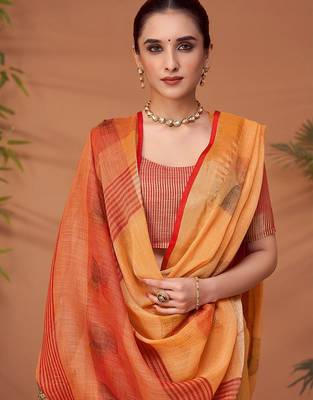 Orange printed saree with matching blouse 4