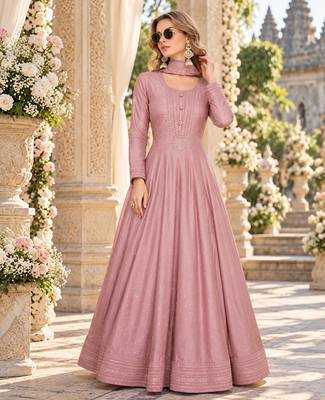 Pink silk blend readymade anarkali suit with embroidery work 1