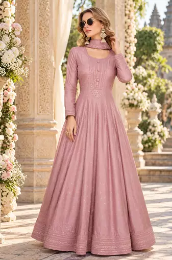 Pink silk blend readymade anarkali suit with embroidery work