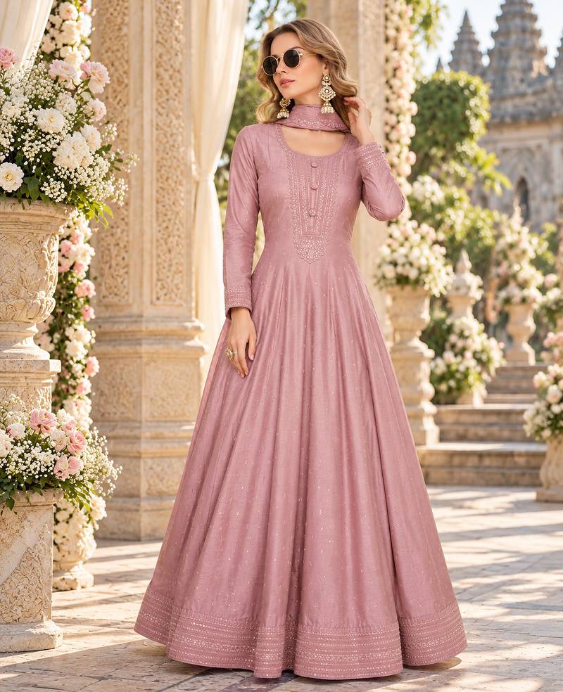 Pink silk blend readymade anarkali suit with embroidery work