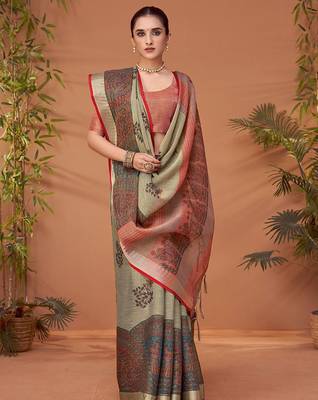 Grey floral printed zari block print saree 1
