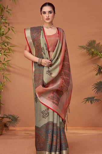 Grey floral printed zari block print saree
