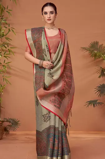 Grey floral printed zari block print saree