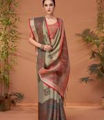 Grey floral printed zari block print saree