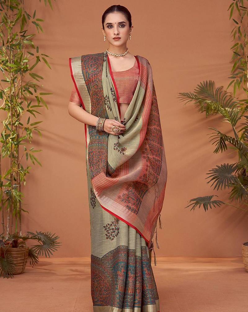 Grey floral printed zari block print saree