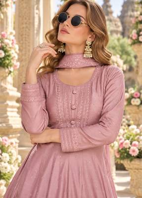 Pink silk blend readymade anarkali suit with embroidery work 2
