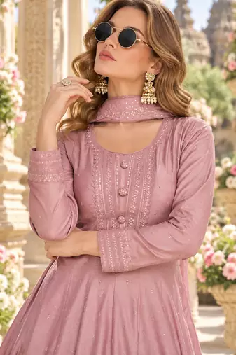 Pink silk blend readymade anarkali suit with embroidery work