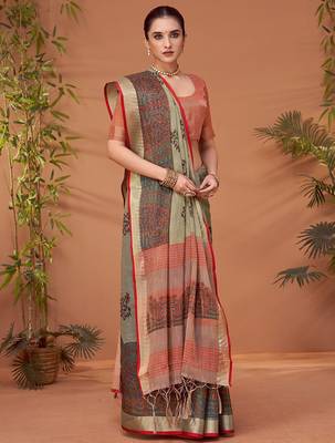 Grey floral printed zari block print saree 2