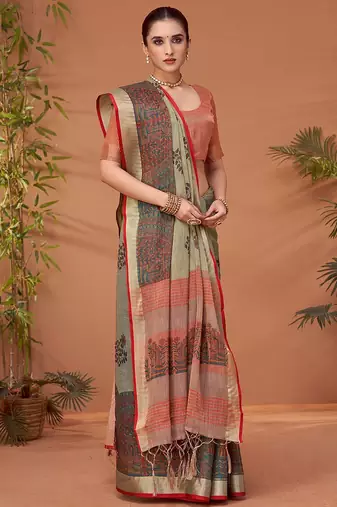 Grey floral printed zari block print saree