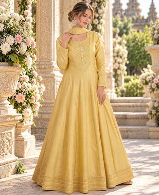 Yellow silk blend readymade anarkali suit with embroidery work 1