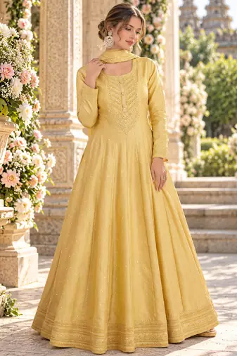 Yellow silk blend readymade anarkali suit with embroidery work