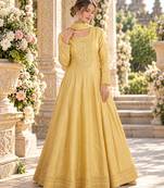 Yellow silk blend readymade anarkali suit with embroidery work
