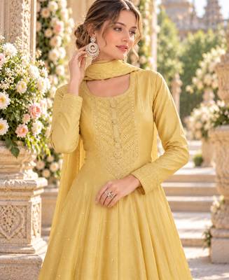 Yellow silk blend readymade anarkali suit with embroidery work 2