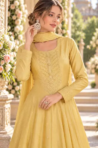 Yellow silk blend readymade anarkali suit with embroidery work