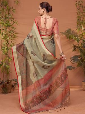 Grey floral printed zari block print saree 3