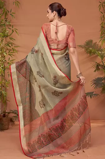 Grey floral printed zari block print saree