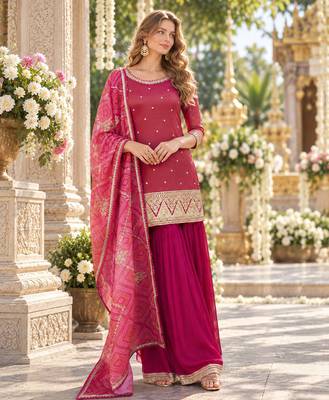 Magenta shimmer readymade suit with embroidery work 1