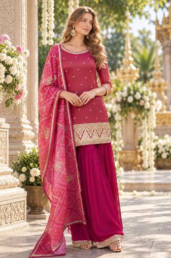Magenta shimmer readymade suit with embroidery work