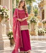 Magenta shimmer readymade suit with embroidery work