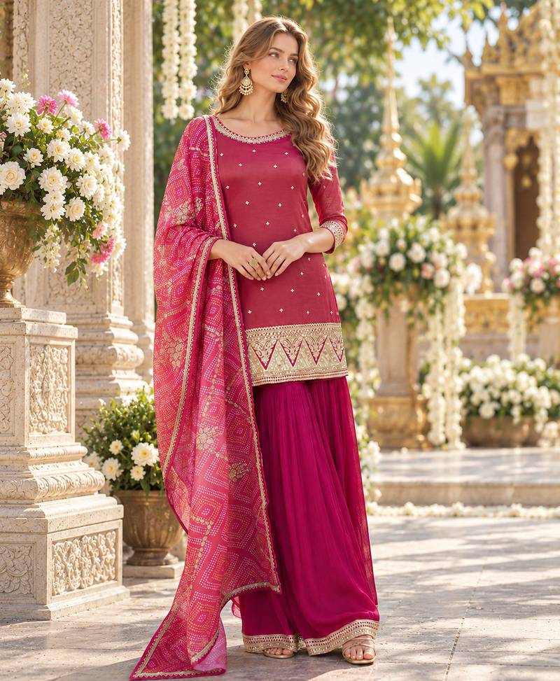 Magenta shimmer readymade suit with embroidery work