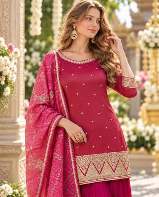 Magenta shimmer readymade suit with embroidery work 2