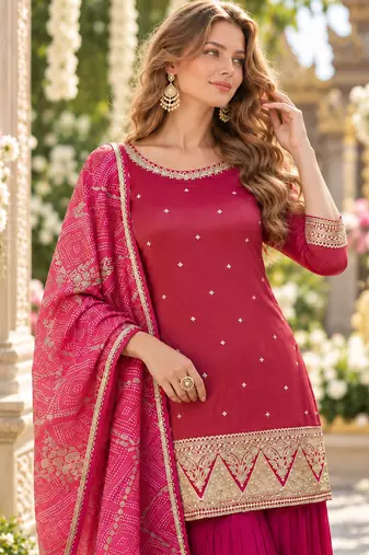 Magenta shimmer readymade suit with embroidery work