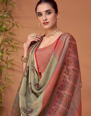 Grey floral printed zari block print saree 4