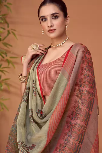 Grey floral printed zari block print saree