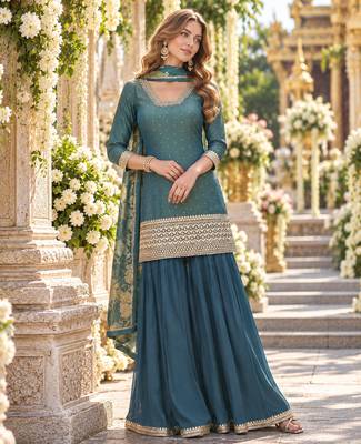 Teal shimmer readymade suit with embroidery work 1